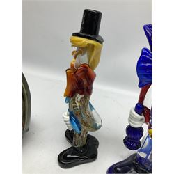 Two Murano style glass clowns together with a ceramic jug