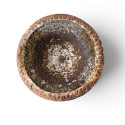 Victorian cast iron garden urn, egg and dart rim with shallow bowl, raised on stepped circular pedestal, finished in weathered white paint 