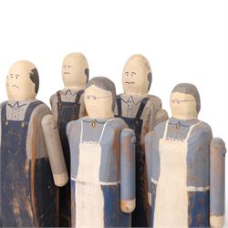 American Folk art figures with articulated arms, by Wolf Creek, makers mark and signatures beneath   