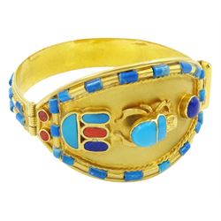 Egyptian 18ct gold turquoise and stone set, scarab beetle hieroglyph hinged bangle, hallmarked