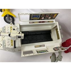 Manta Force Red Venom 1987 Bluebird Toys PLC toy plane with associated figures, with three more toy vehicles and figures comprising Lanard 1996 S.T.A.R Force Mobile Ground Support truck, Hasbro 2000 Action Man motorbike with side car, Sindy moped 