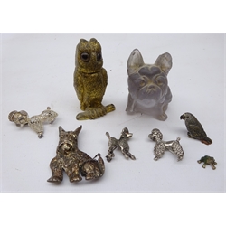  19th century brass owl vesta case, Austrian cold painted bronze Parrot & fog, frosted glass model of a French Bulldog, silver Scottie Dog brooch and three Poodle brooches (8)  