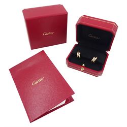 Cartier Trinity gold hoop earrings, each stud with 18ct rose, white and yellow gold intertwined rings, boxed with certificate 