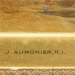 James Aumonier (British 1832-1911): Boats Moored on the Norfolk Broads, oil on canvas signed and dated 1877, i n antique gilt and gesso swept frame 20cm x 29cm