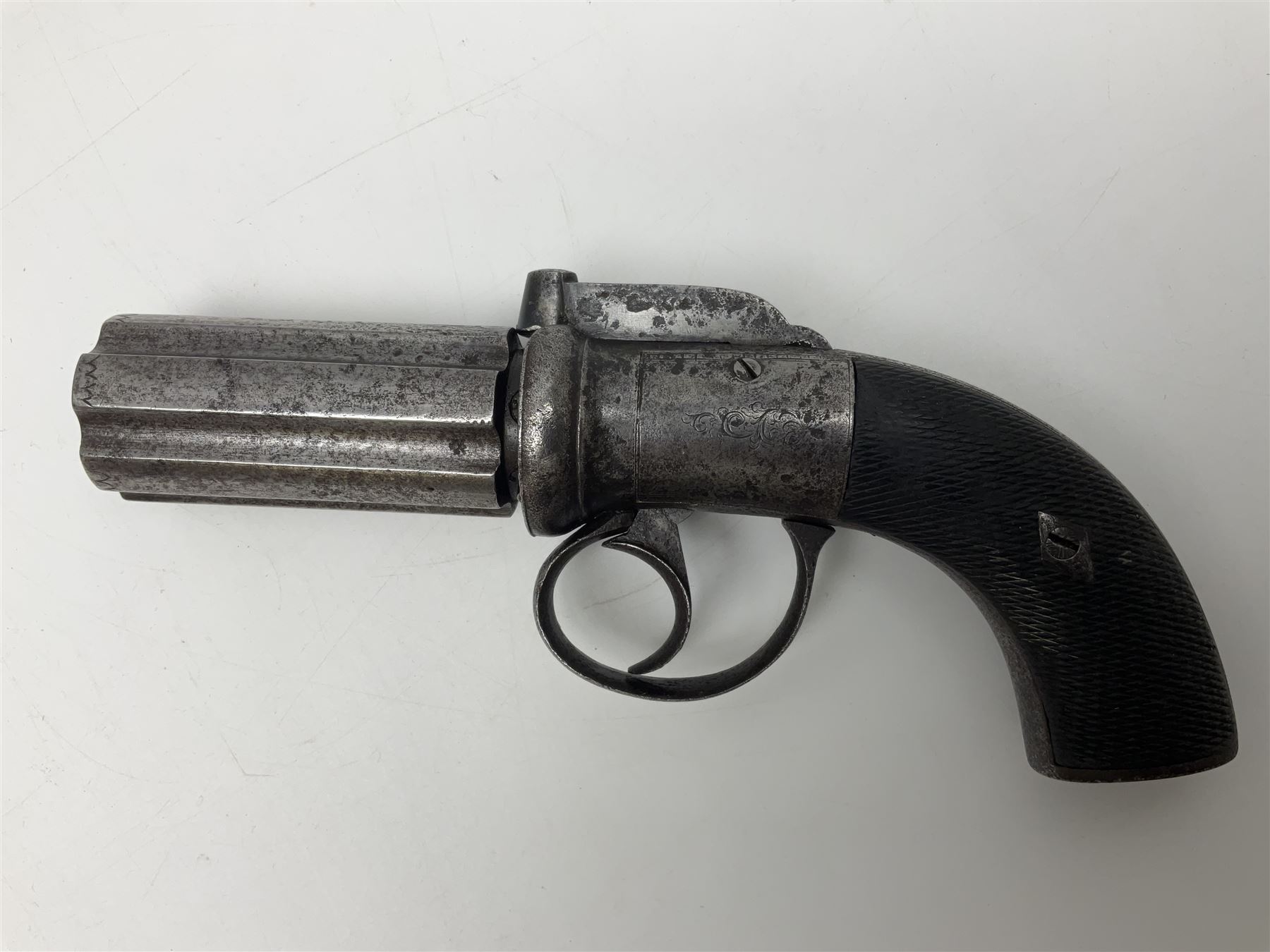 19th century percussion six-shot pepperbox revolver, approximately 32 calibre with 7.5cm barrels, L21cm overall