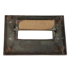Late 19th century brass door knob set and brass letter box cover for Phoenix Assurance Company Limited, the door knobs each cast with fluted sides, the fronts with deep cast phoenix, square spindle shaft, each approximately L7.5cm, the letter box cover inscribed Phoenix beneath rectangular letter recess and flap, 19cm x 28cm