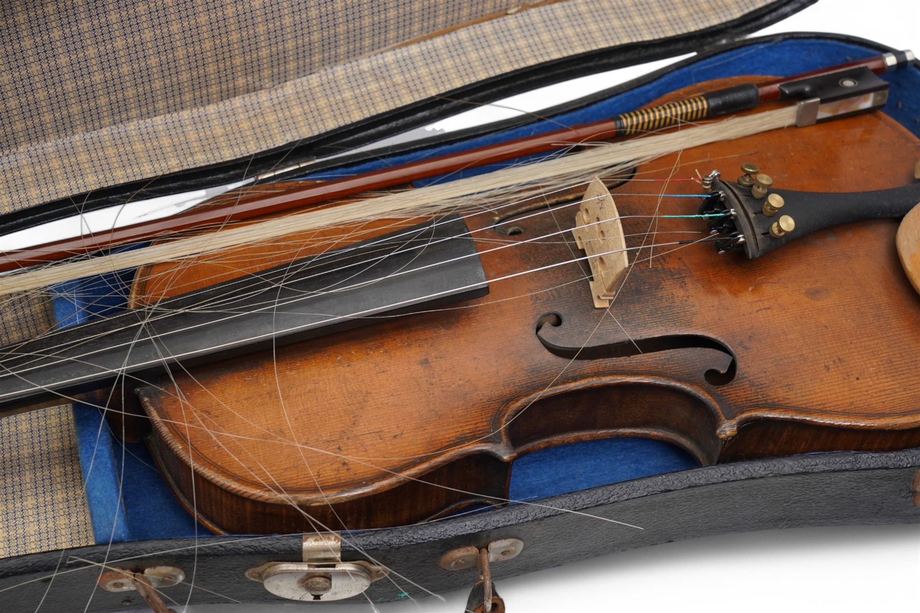 Violin with two piece back and scroll neck with bow in case