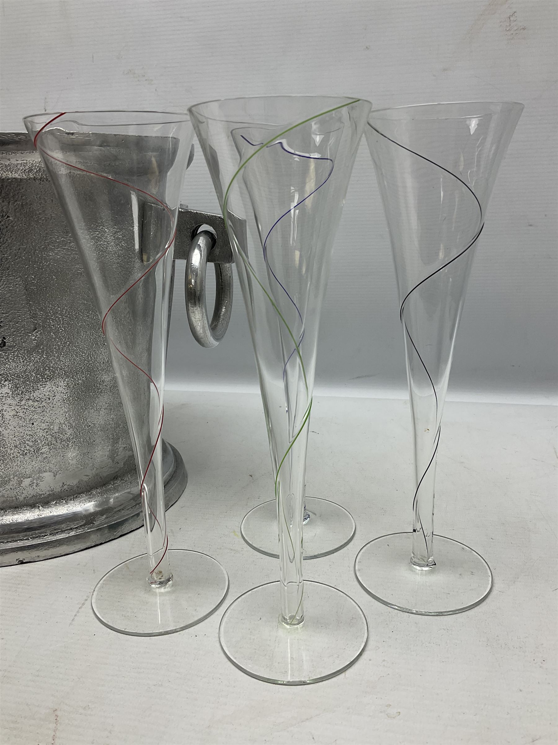 Aluminium champagne bucket detailed Cuvee de Prestige Champagne du Louvois, with twin ring handles, together with quantity of glasses, bucket L38cm