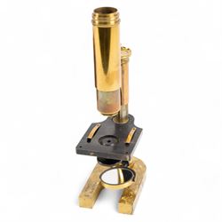 Late 19th century brass microscope by R.J Beck London, serial no. 14496, with four spare lenses in wooden case, 

By vendor repute: Microscope is believed to have belonged to Charles Darwin's youngest son Horace. It was presented to Mount House School Tavistock in 1988 by G.J Willoughby Cashell. It was given to Mr Cashell's maternal great grand father Dr Thomas Lyle whose son Mr Thomas Lyle bequeathed it to his grandson, Mr Cashell. 