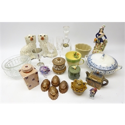  German porcelain figure representative of a calendar month, 19th century Staffordshire Highlander, pair Staffordshire spaniels, Maling tea canister, Doulton Lambeth tobacco jar and cover, Art Deco Mintons large cup, four small copper jelly moulds, glass decanter with Whiskey plated label and miscellanea in two boxes  