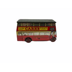 Chad Valley Carr’s Table Water Biscuits London Transport STL446 double decker bus biscuit tin, push-a-long, lithographed red and cream tinplate, No.25 Victoria Station destination, London Transport, Chad Valley Toys and Carr’s Biscuits advertising to sides and lift-off grey lid L25.5cm high