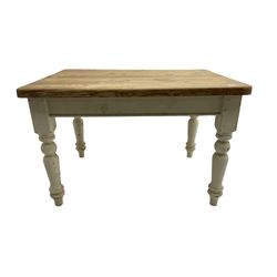 Traditional pine kitchen table with white painted base, rectangular top over single drawer, raised on turned supports