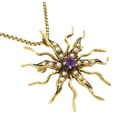 14ct gold amethyst and seed pearl star pendant / brooch, stamped, on a 9ct gold box link chain necklace, hallmarked