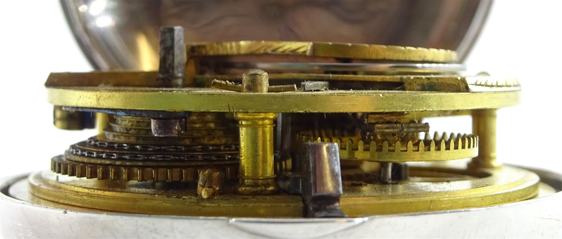 19th century silver pair cased verge fusee pocket watch by John Roberts, London, No. 9388, round pillars, pierced and engraved balance cock decorated with a mask, silver champleve dial depicting a nude female standing on a bridge amongst the stars, wandering hour dial with Arabic five minute markers and single hand, bull's eye glass, case by George Richards London 1832