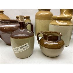 Quantity of salt glazed stoneware flagons, two tone jars and jug etc, to include some with impressed marks and labels, largest H26cm