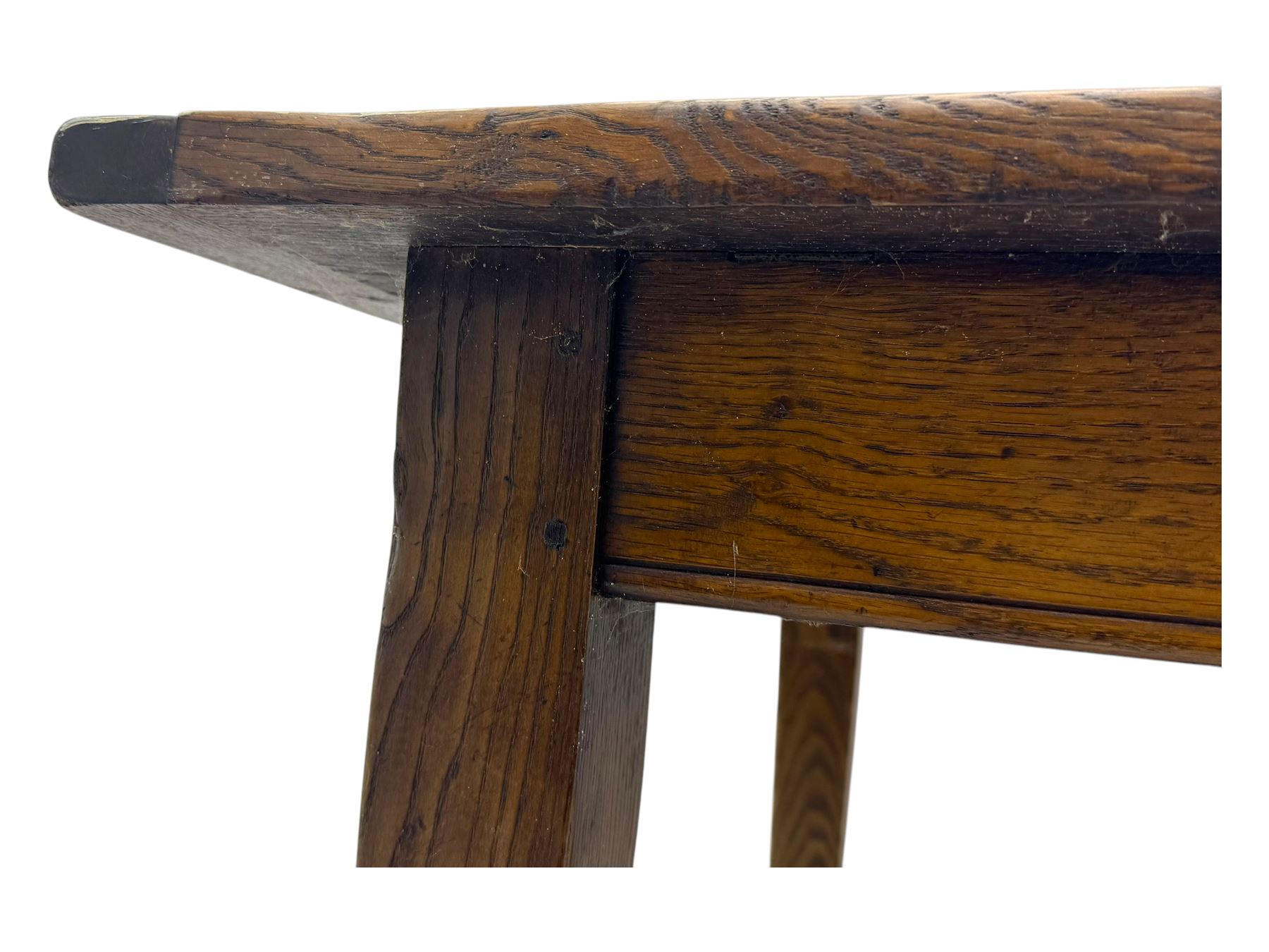Late 20th century oak farmhouse table, rectangular plank top with breadboard ends and frieze drawer, on square tapered supports
