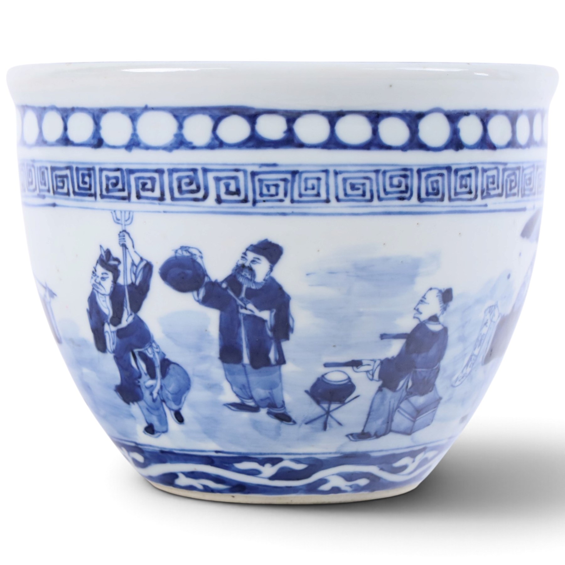 Pair of blue and white moulded vases, decorated with dragons amongst clouds, together with two blue and white planters painted, the first decorated with pagodas within a landscape scene, the other with musicians, vases H26cm 