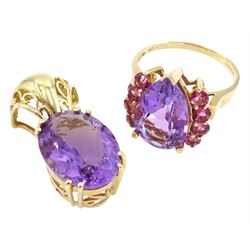 9ct gold pear shaped amethyst and eight stone flamingo topaz ring and a 14ct gold amethyst pendant with openwork mount, both hallmarked 