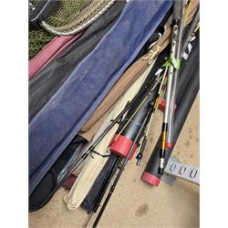 Collection of fishing rods and nets, including Alex Martin Scotia salmon rod, Shakespeare 1650, Allcocks Lucky Strike split cane rod and Chevron Pike 11ft, etc