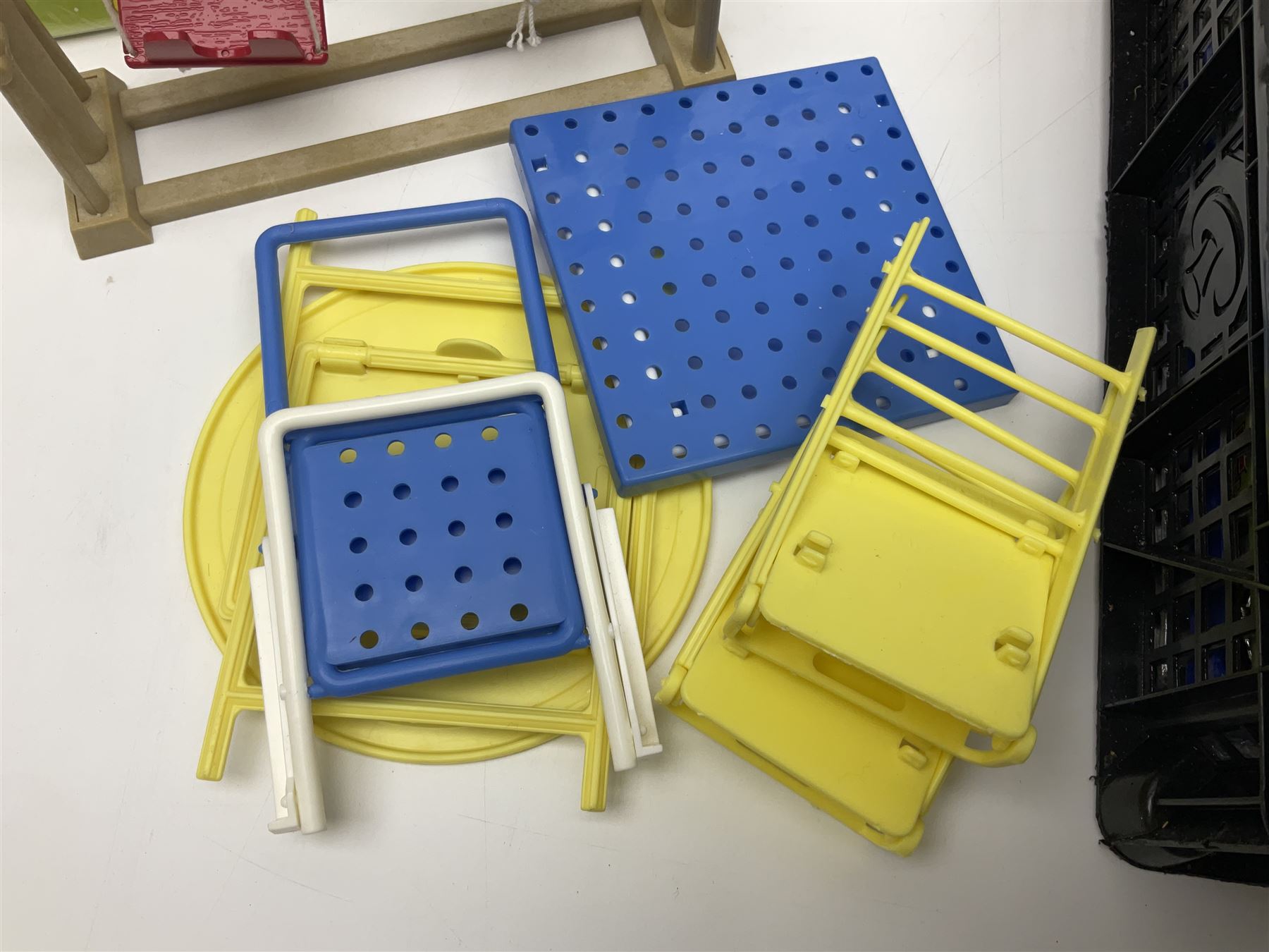 1980s Epoch Sylvanian Families - Country Kitchen Utensil Set and Playpen with Mobile; both boxed; together with assorted loose furniture, playground equipment, grocery shop stock etc; Penny's Pony Club Set in folding stable box; and boxed Bouncin' Babies Nursey Playset