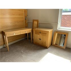 Light oak two drawer side table, matching side cabinet and two mirrors- LOT SUBJECT TO VAT ON THE HAMMER PRICE - To be collected by appointment from The Ambassador Hotel, 36-38 Esplanade, Scarborough YO11 2AY. ALL GOODS MUST BE REMOVED BY WEDNESDAY 15TH JUNE.