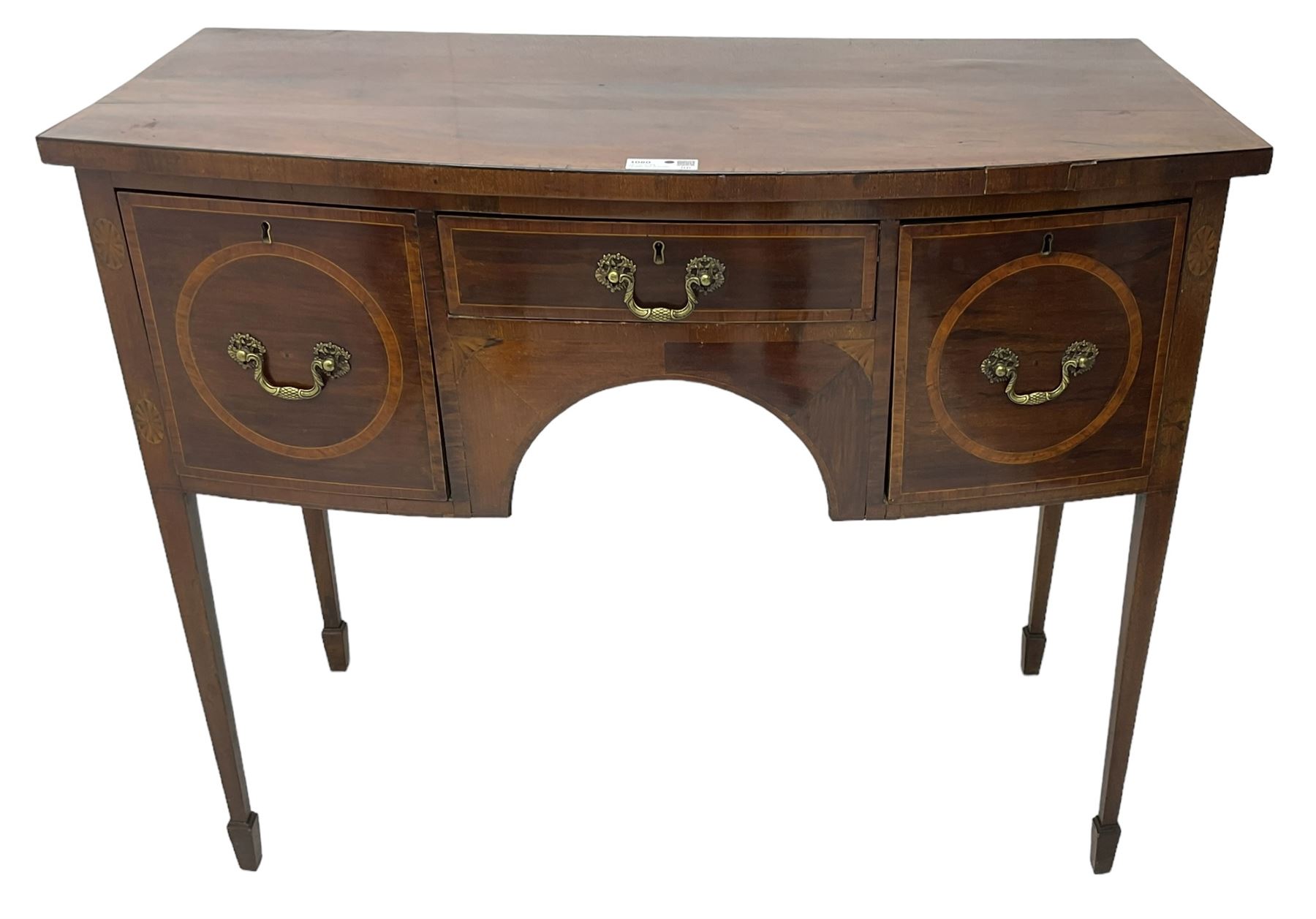 19th century inlaid mahogany bow-front sideboard, satinwood banded top over three drawers, on square tapering supports with spade feet
