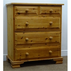  Solid pine chest, two short and three long drawers, shaped bracket supports, W92cm, H105cm, D51cm  