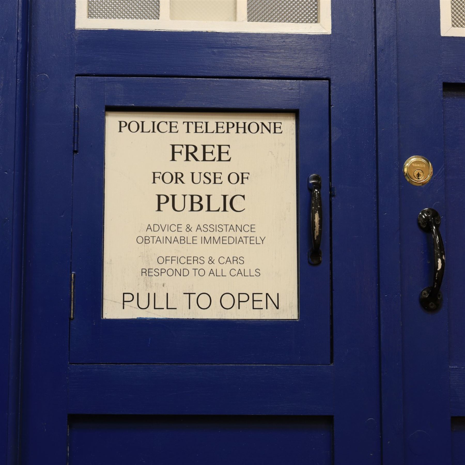 Doctor Who - full scale scratch built replica TARDIS, with functioning lantern and ringing telephone, the telephone door autographed by several Doctor Who cast members including Sylvester McCoy, Frazer Hines, Wendy Padbury, Janet Fielding and Caroline John
