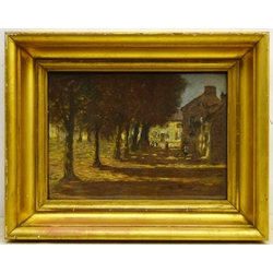 Mark Senior (Staithes Group 1862-1927): Sunlight through the Trees in the Village Square, pastel signed and dated 1905, signed and inscribed 'Artist's Sketch' verso 26cm x 36cm