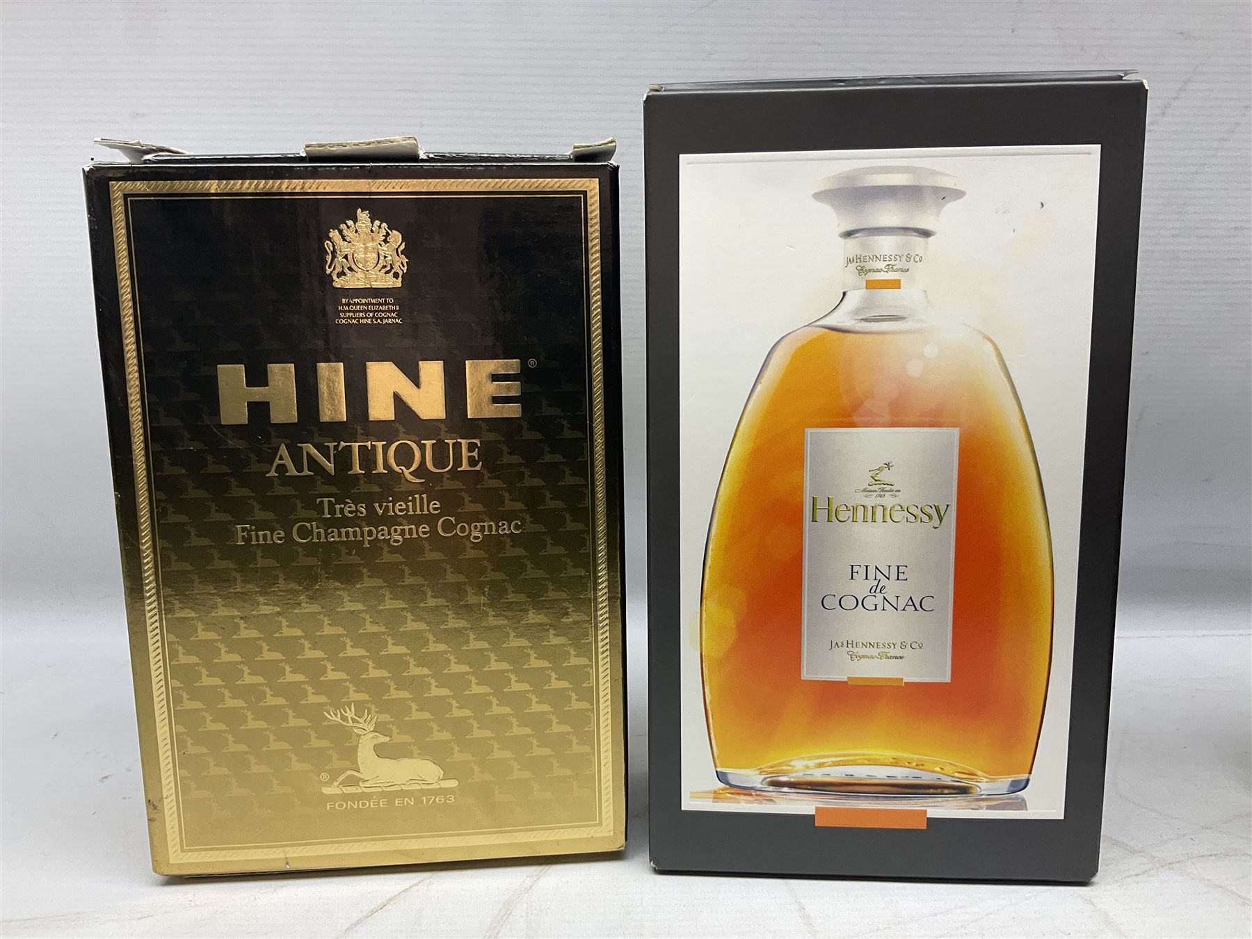 Hennessy, fine de cognac, 70cl, 40% vol, Monnet, Xo prestige cognac, 70cl, 40% proof and Hine Antique, Tres Vieille champagne cognac, 68cl, 40% vol, all with original boxes 