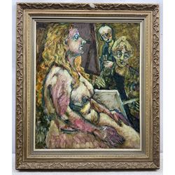 Raymond Arthur Roadnight (British 1941-): 'Model with Artists', oil on board laid on to canvas signed, titled on Royal Academy label verso 62cm x 51cm 
Provenance: the artist's studio collection. Born in High Wycombe, Roadnight spent three years training under Patrick Reyntiens and John Piper creating stained glass windows for Liverpool and Coventry cathedrals. These works included the great baptistry window in the New Coventry Cathedral, the 'Lantern' atop the Catholic Cathedral in Liverpool, and the grand windows in Oundle School Chapel. He has exhited at Royal Academy, Alfred East Gallery, Chichele College in Higham Ferriers, and Burleighfield House in Loudwater.