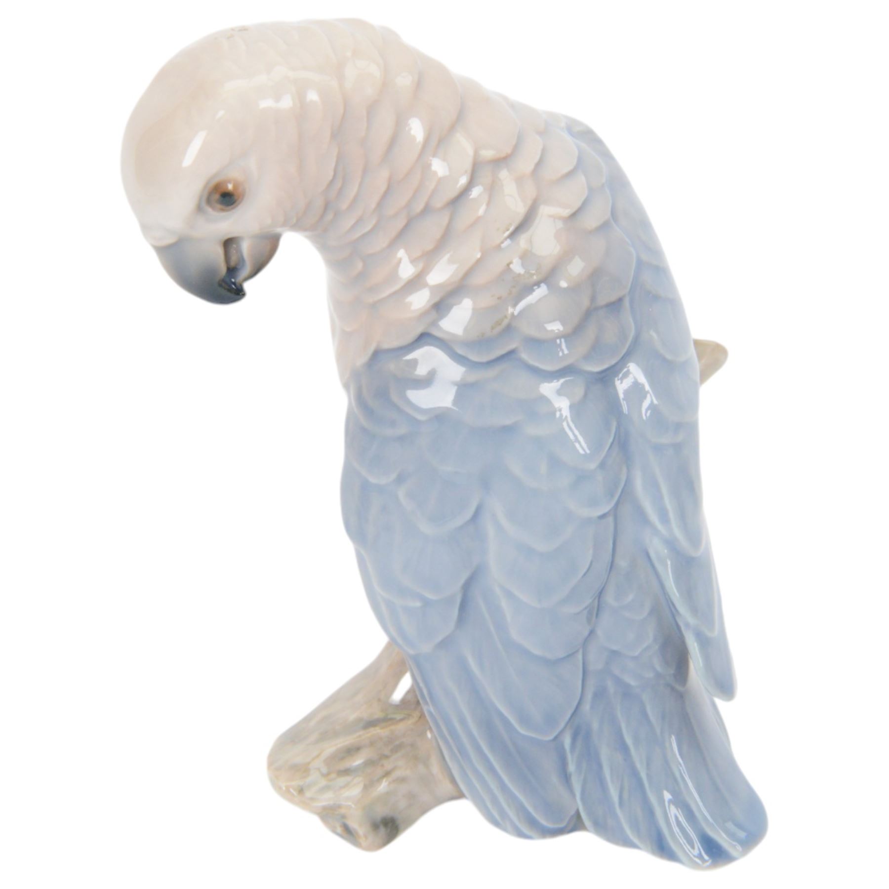 Two Royal Copenhagen figurines of fawns, comprising a fawn with an owl, no 2107 and fawn on plinth no 433, together with Bing & Grondahl, figure of a parrot on branch