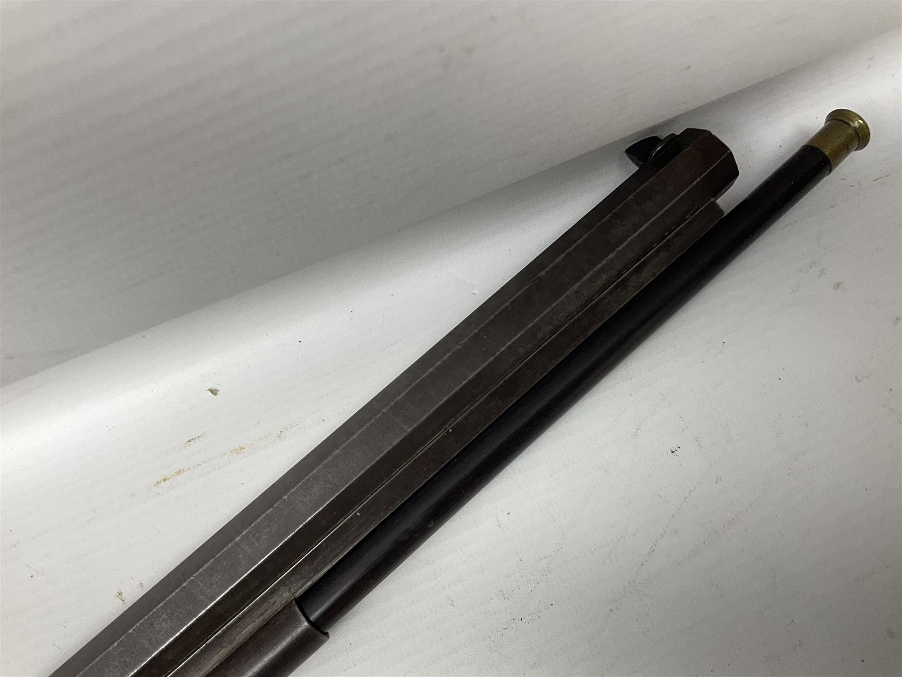 Mid-19th century percussion rifle by Geo. Forrest & Sons of Jedburgh No.844, 79cm octagonal barrel (approx .45 bore) with folding foresight, the lock plate with dolphin hammer finely engraved with a tiger and a stag, trigger guard engraved with hounds chasing a stag, figured walnut half stock with chequered grip and original ramrod 121cm overall; with framed photograph of original owner Dr. A.B. Dresser and archive of related ephemera including manuscript letter from the makers to Dr. Dresser regarding the sight specifications.