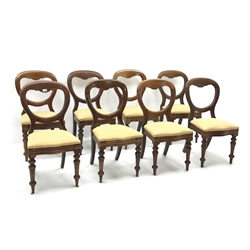  Set eight Victorian mahogany balloon back chairs, serpentine front with drop on upholstered seats, turned front supports  