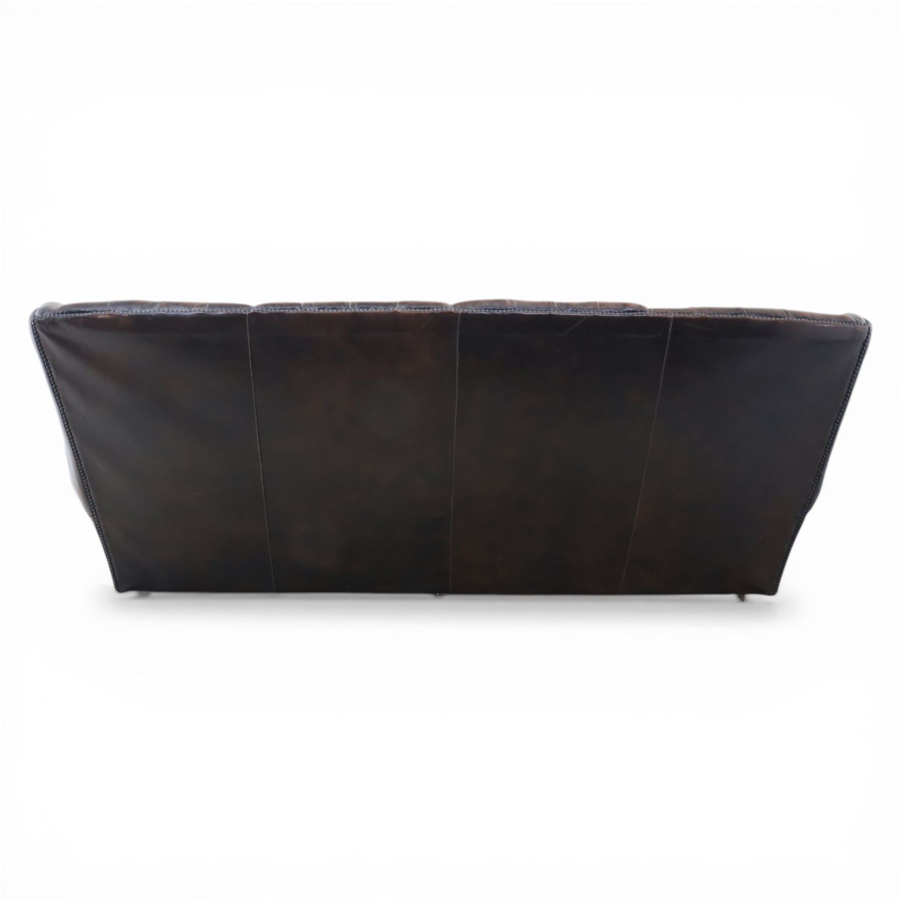 Georgian design Chesterfield lounge suite, comprising highbacked four seat sofa and pair armchairs, upholstered in chocolate brown leather, Armchairs (H 90cm, W 91cm) Sofa (H 91cm, W 238cm)