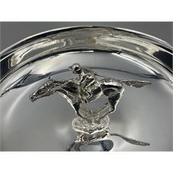 Spanish silver coin dish, with white metal chain rim and upon three ball feet, together with a silver plated armada style dish, with cast racehorse and jockey to centre, coin dish D4.8cm, armada dish D20.5cm
