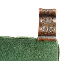17th century style mahogany set of six dining chairs, with carved scrolled finials, padded green velvet upholstery, block and turned supports united by stretcher  