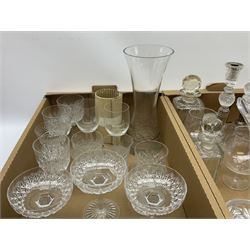 Group of assorted Victorian and later glassware, to include a faceted cut glass vase, a number of Webb cut glass drinking glasses, two decanters, etc., in two boxes  