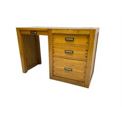 Oak military style desk, single pedestal fitted with thee drawers, keyboard slide, brown leather top