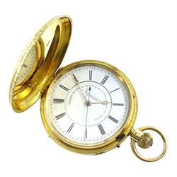 Victorian 18ct gold full hunter, keyless English lever chronograph pocket watch by J. Hargreaves & Co, Liverpool, 'Makers to the Queen and H. R. H. the Prince of Wales', No. 54351, white enamel dial with Roman numerals, case makers mark J H & Co, Chester 1895