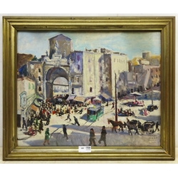 Dino Martens (Italian 1894-1970): 'Porta Capuana Napoli', oil on panel signed, titled verso 37cm x 45cm
Notes: Martens is better known as the 'Oriente' glass designer for Aureliano Toso

