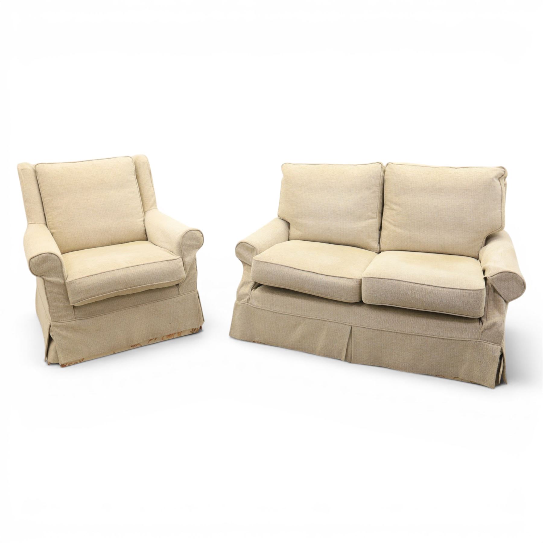 Wesley Barrel - two seater sofa and matching armchair,with scrolled arms and loose cushions, beige chenille fabric, raised on castors  (Armchair: H 100cm, D 100cm, W 87cm)