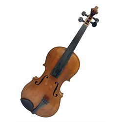 German violin c1900 stamped Stainer with 36cm two-piece maple back and ribs and spruce top L59.5cm overall; in simulated reptile skin carrying case