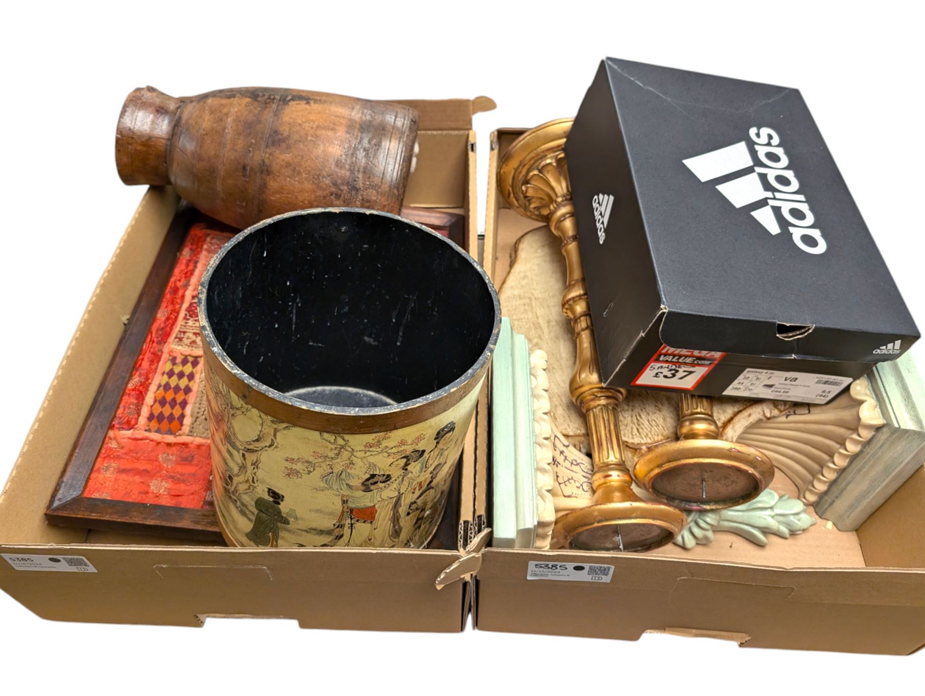 Pair of modern candlesticks in gilt finish, Chinese wooden waste paper basket, box of cutlery and other collectables