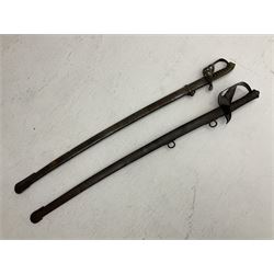 19th century Imperial German army heavy cavalry officers sword by Schnitzler and Kirschbaum, with 89cm single fullered steel blade and sheet steel basket hilt with teardrop cut-out and wire-bound leather grip L107.5cm overall; in steel scabbard with two suspension rings; and British Army 1822 Pattern Infantry Officer's sword in associated scabbard (2)