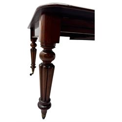 
Late Victorian mahogany extending dining table and four chairs, rectangular top with rounded corners and moulded edge, fitted with two additional leaves, raised on turned and reeded legs with brass castors, with a pair of Victorian mahogany hall chair, with curved top rail and plain splat, padded seat in textured salmon pink fabric, raised on turned and tapering front legs and another pair of early 20th century mahogany dining chair, with shield back and carved pierced splat, serpentine seat rail with striped upholstered cushion, raised on moulded square front legs