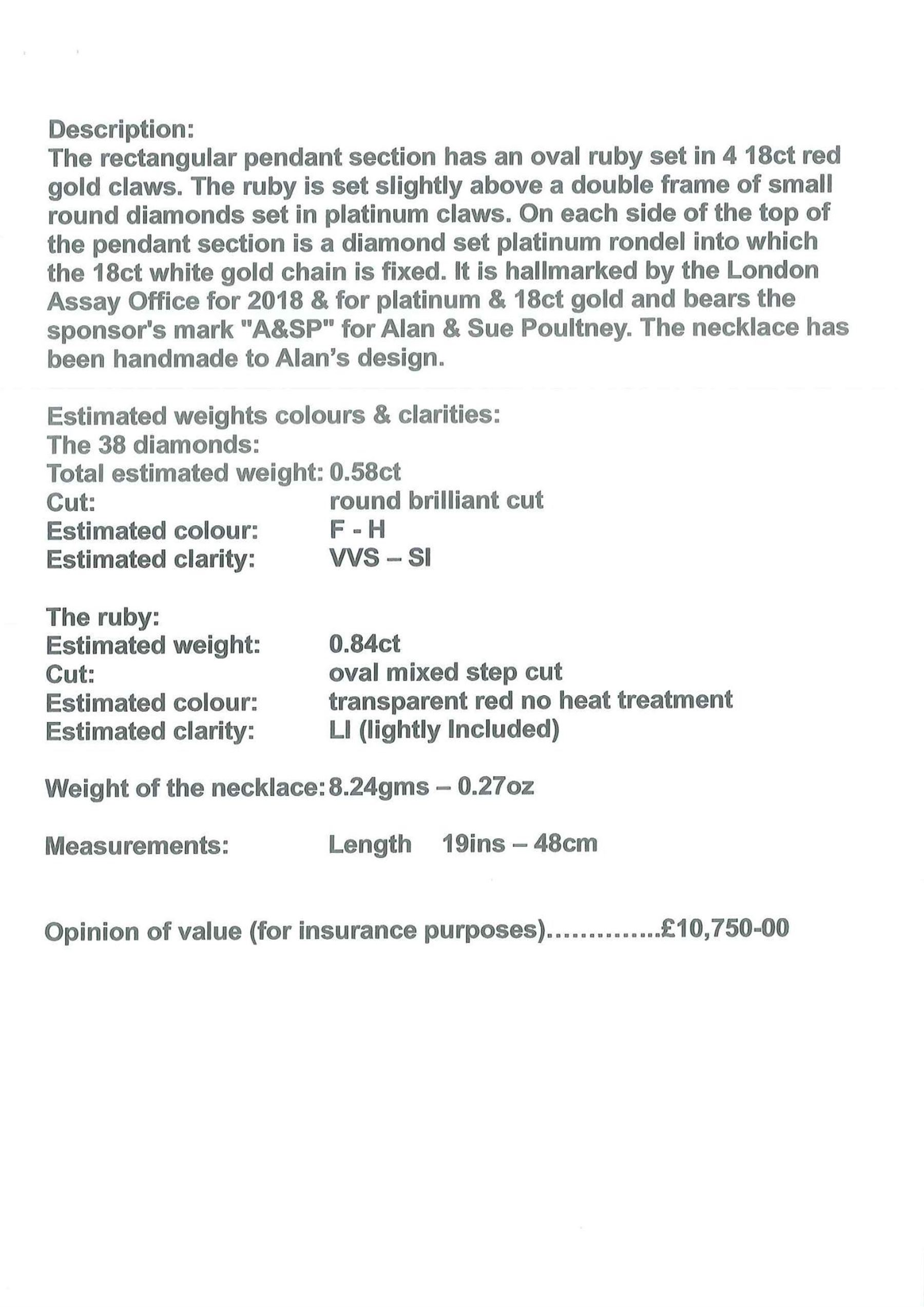 Platinum ruby diamond cluster pendant necklace, single oval cut ruby in a four claw 18ct rose gold setting of approx 0.58 carat, surrounded by two rows of round brilliant cut diamonds, London 2018, total diamond weight approx 0.84 carat, with Alan Poultney Gems report
