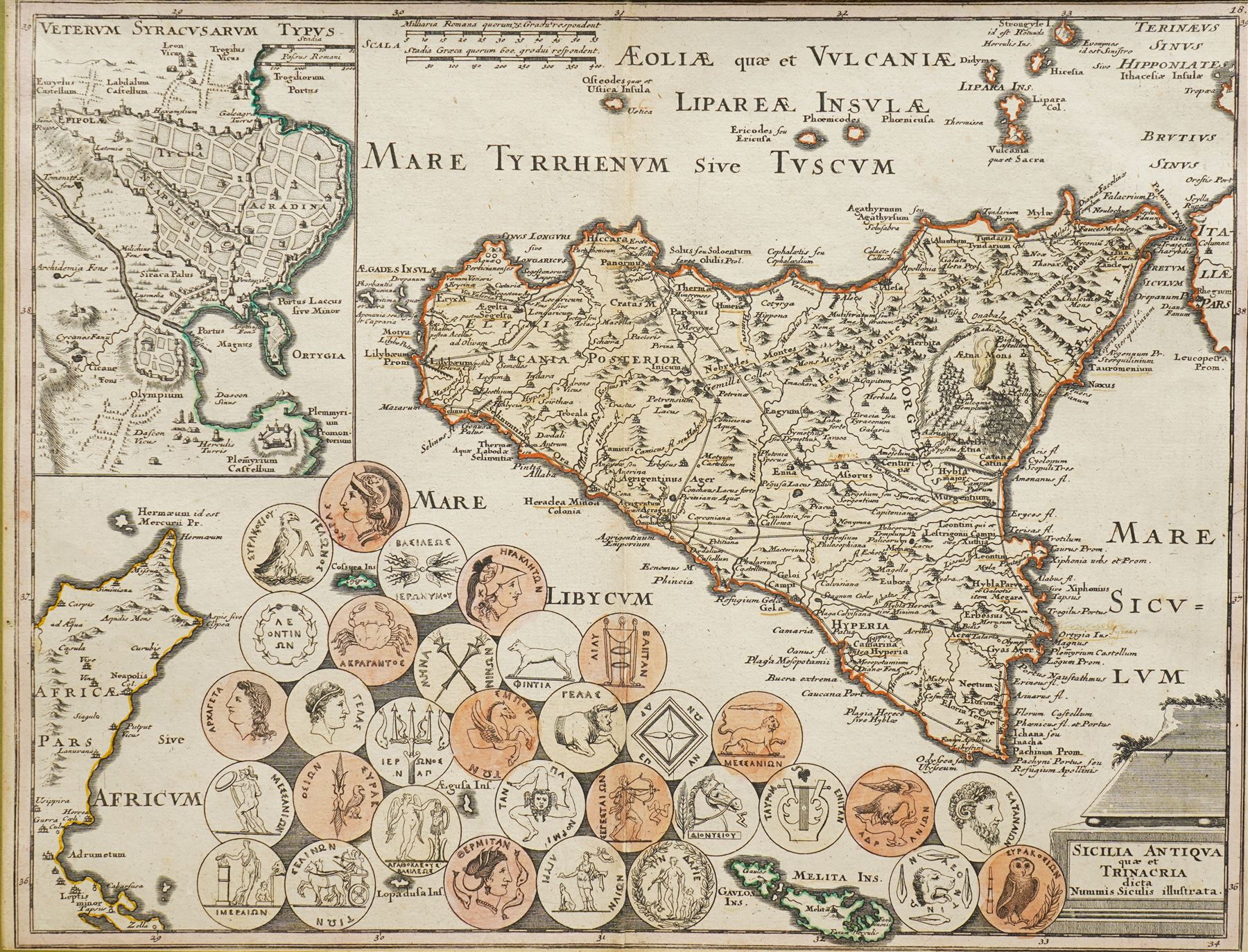 Christoph Weigel the Elder (German 1654 -1725): 'Sicilia antiqua quae et Trinacria dicta nummis siculis illustrata', early 18th century engraved map with hand-colouring of Sicily with studies of ancient Sicilian coins by Johann David Köhler pub. c.1720, 32cm x 41cm