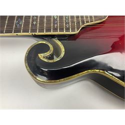 Eastern eight-string mandolin with red sunburst finish and mother-of-pearl inlay of eagles, clouds, trees etc L86cm; in fitted hard carrying case