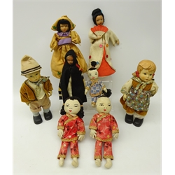  Two Hummel style dolls, Japanese style felt geisha doll and other dolls in one box  